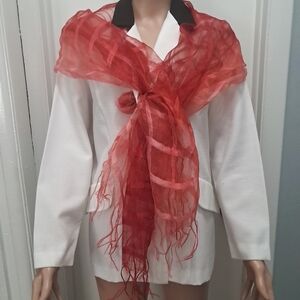 Red 100% silk sheer scarf wrap, lightweight and elegant with fringe ends